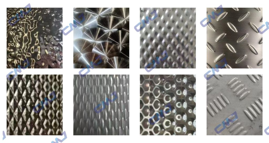 Checkered steel plate patterns including diamond tread, five-bar, lenticular designs

