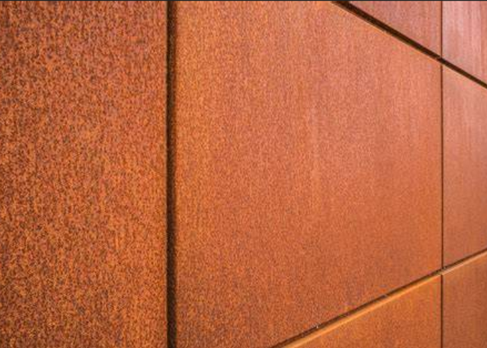 Close up texture of weathered Corten steel showing rust patina