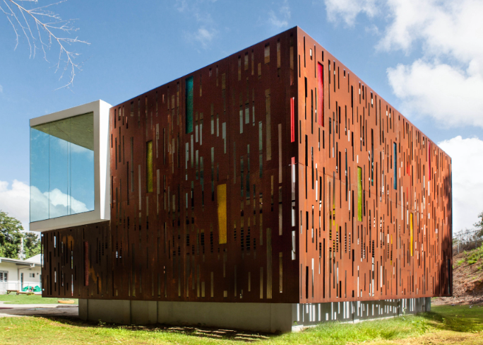 Modern building with Corten steel facade showcasing weathered steel panels