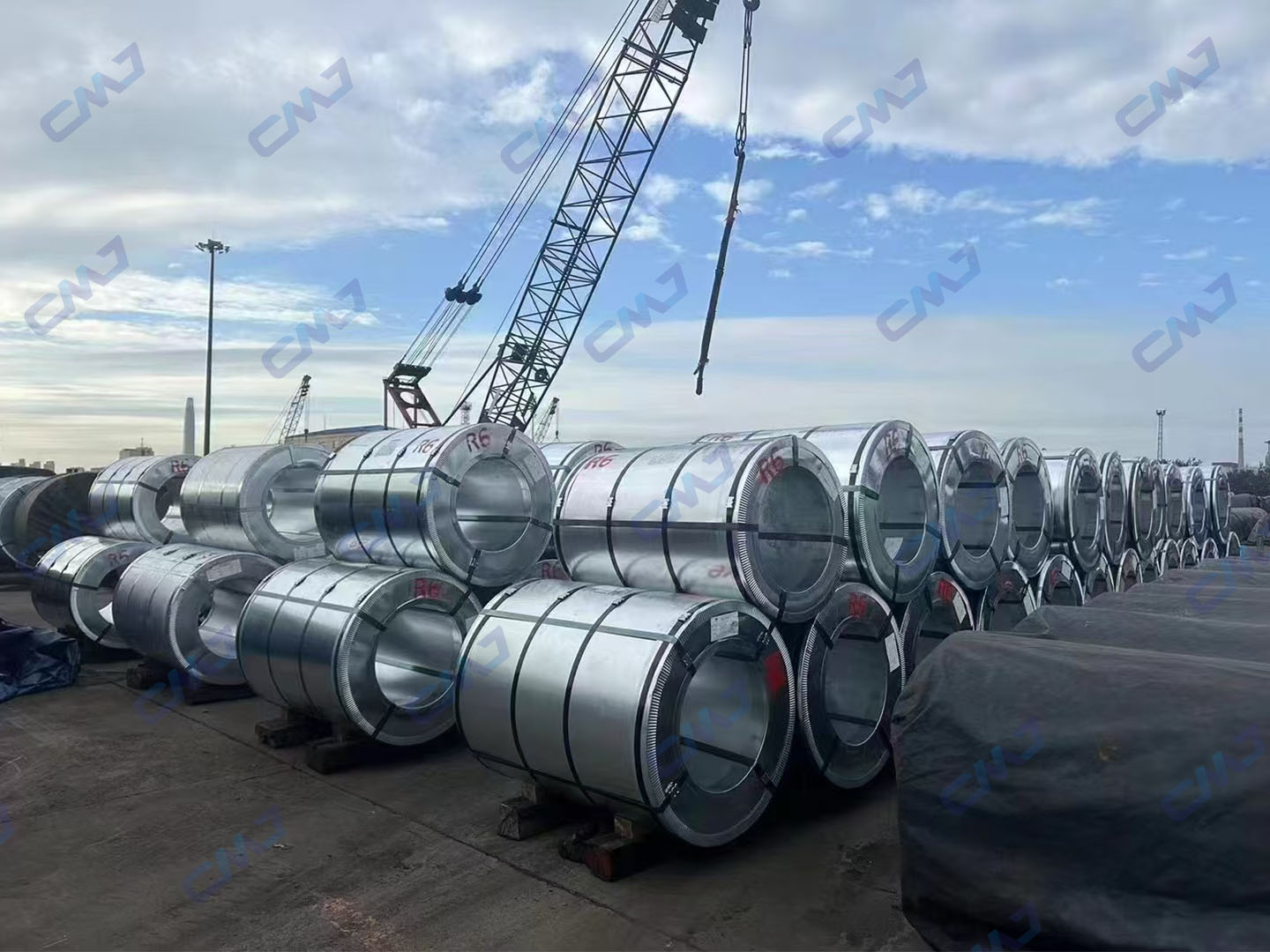 Galvanized steel coils stacked at Tianjin Port, ready for overseas shipmentundefined