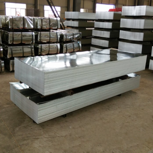 Display of galvanized steel sheets showing various gauges 11 12 14 16 for construction and manufacturing