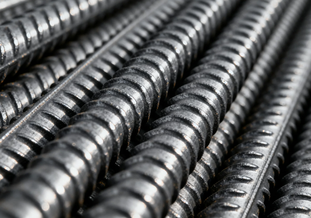 Close up of the deformations on ASTM A615 steel rebar for concrete bonding
