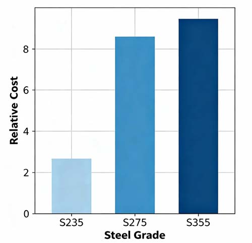 Bar chart comparing the relative cost of S235 S275 and S355 structural steel grades