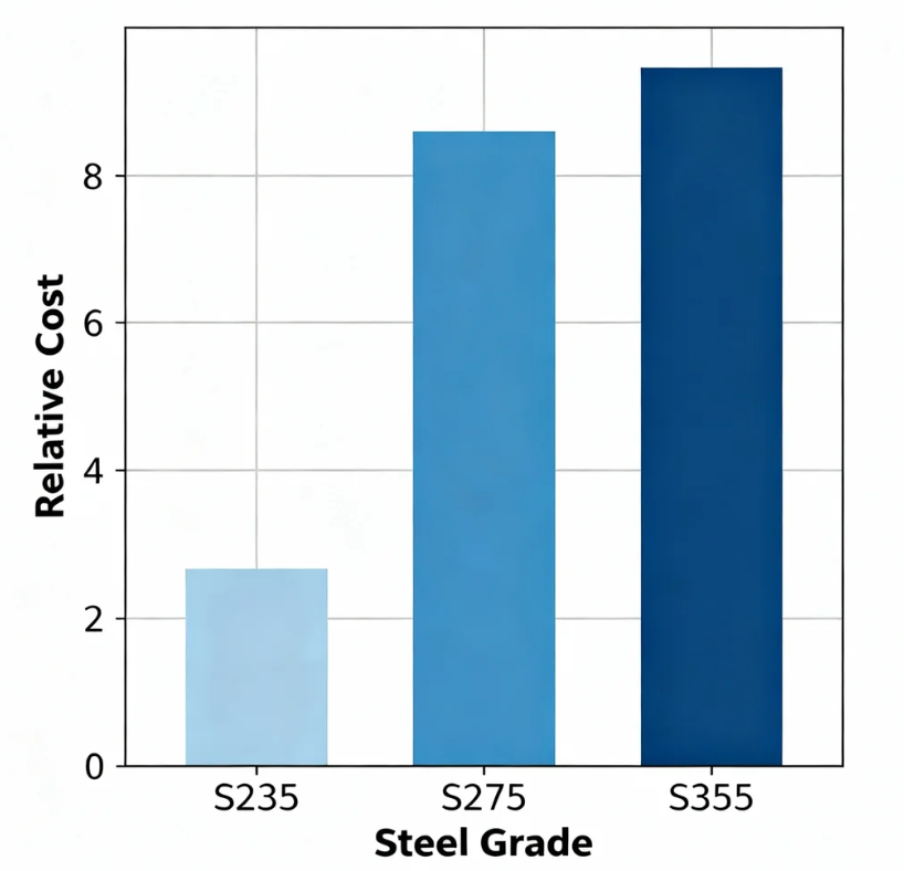 Bar chart comparing the relative cost of S235 S275 and S355 structural steel grades