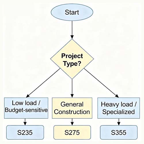 Flowchart to help select the right steel grade between S235 S275 and S355 based on project needs