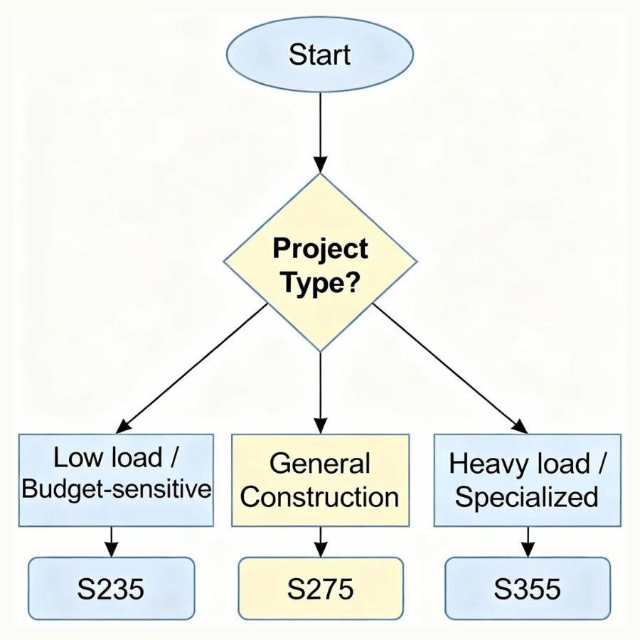 Flowchart to help select the right steel grade between S235 S275 and S355 based on project needs