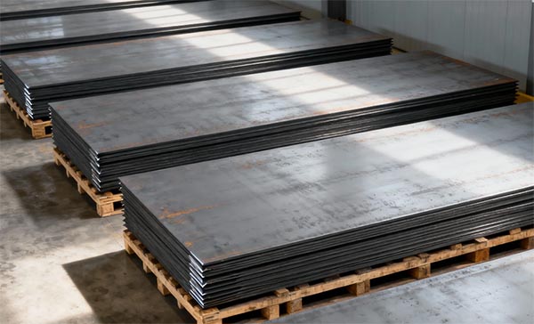 Stack of ASTM A514 high strength steel plates ready for fabrication and structural use