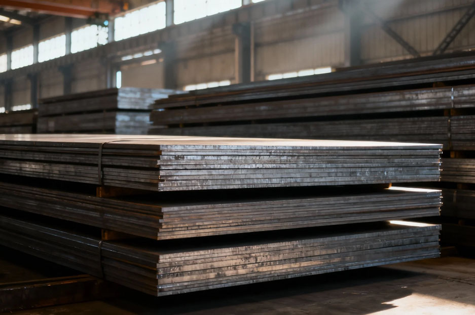 Large inventory of ASTM A572 steel plates neatly stacked in a warehouse ready for immediate shipment