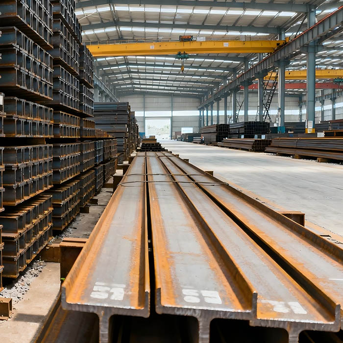 hbeamsteelinventory CJM Steel Group Ltd A large inventory of H beam steel sections neatly stacked in a stockyard showing various sizes