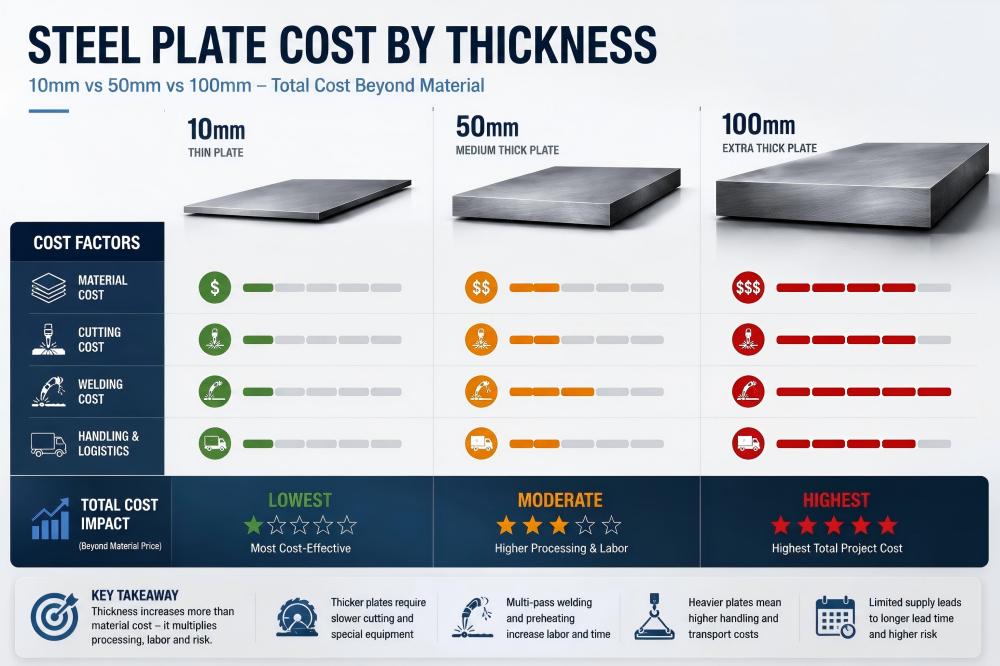 steel plate cost by thickness comparison 10mm 50mm 100mm with cutting and welding cost