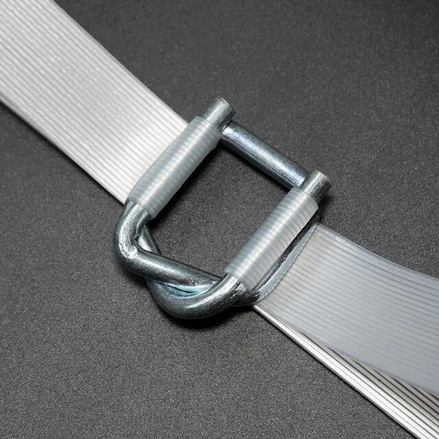 Galvanized wire buckle securing composite cord strapping around a package